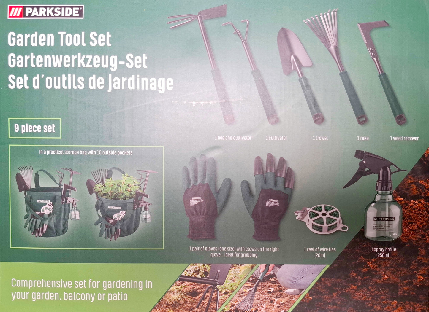 Parkside Gartenwerkzeug-Set mit Tragetasche & Sprühflasche