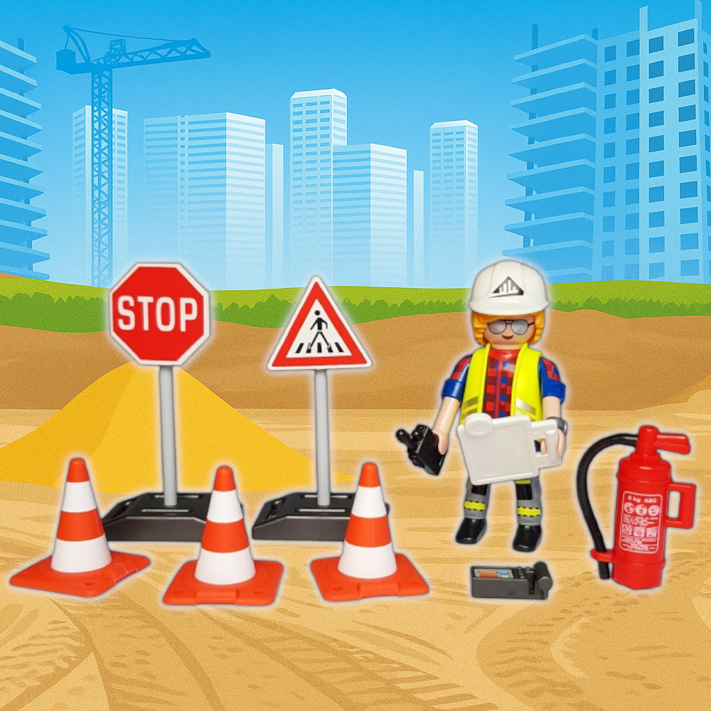 Playmobil Bauarbeiter mit Verkehrsschildern Baustelle Zubehör Set