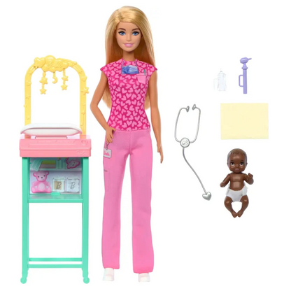 Barbie Kinderärztin Puppe mit Baby, Möbel und Zubehör – Mattel JCR72