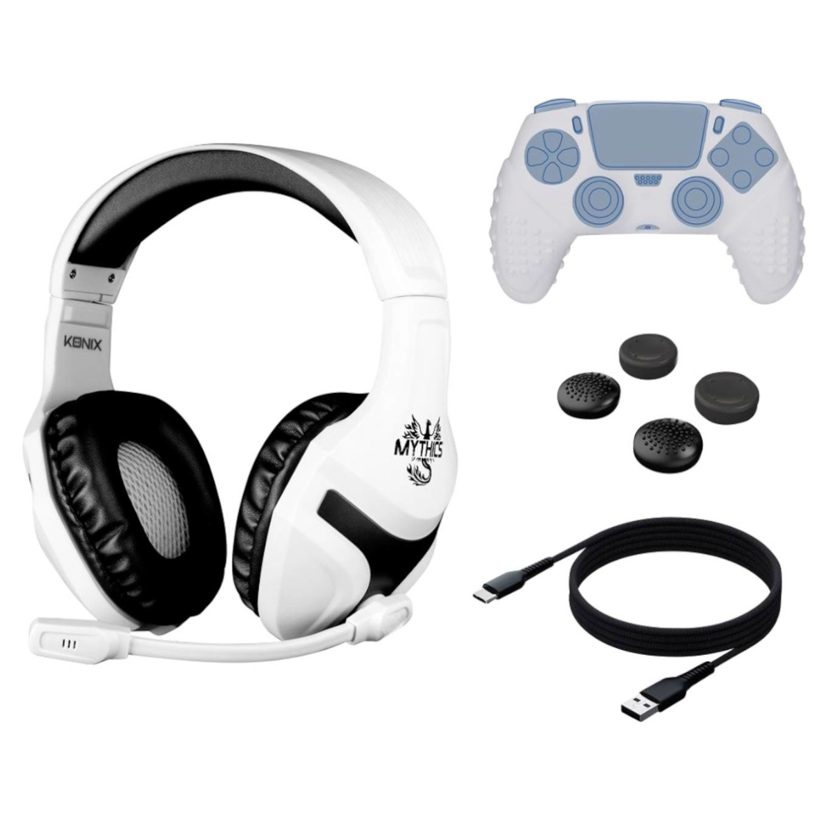 KONIX Gaming Headset mit Zubehör Weiß Kabel 3.5mm Klinke Geschenk-Set für PS5