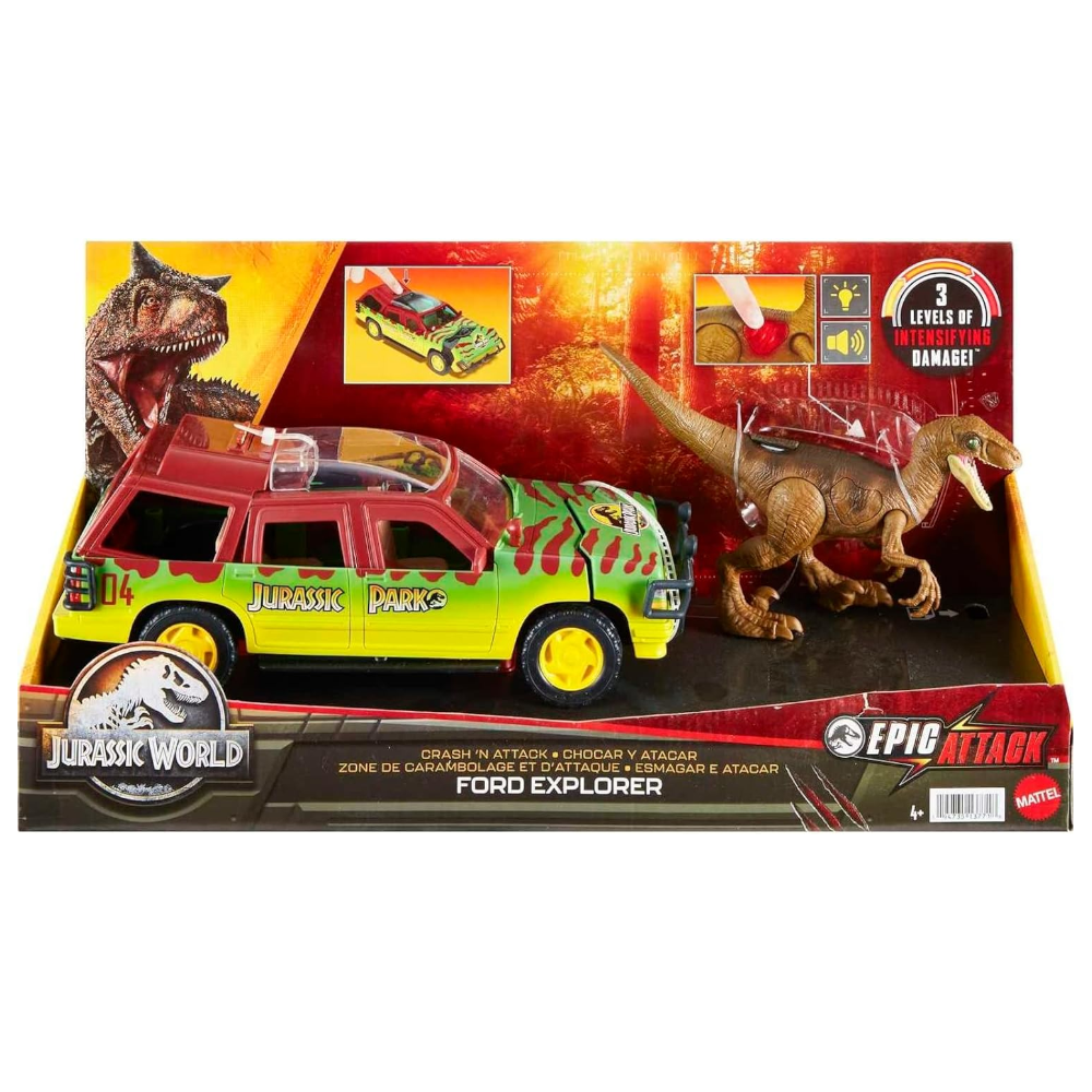 Jurassic World Epic Attack Ford Explorer + Velociraptor Dino mit Licht & Sound