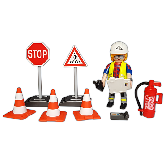 Playmobil Bauarbeiter mit Verkehrsschildern Baustelle Zubehör Set