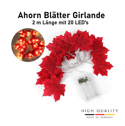 20 LED Lichterkette Herbst Deko Herbstdekoration | Ahorn Rot Blätter Girlande 🍁