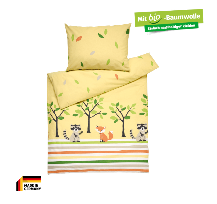 Renforcé Bio Bettwäsche für Kleinkinder 100x135cm Gelb Waschbär Fuchs Novitesse® - LeakBuy