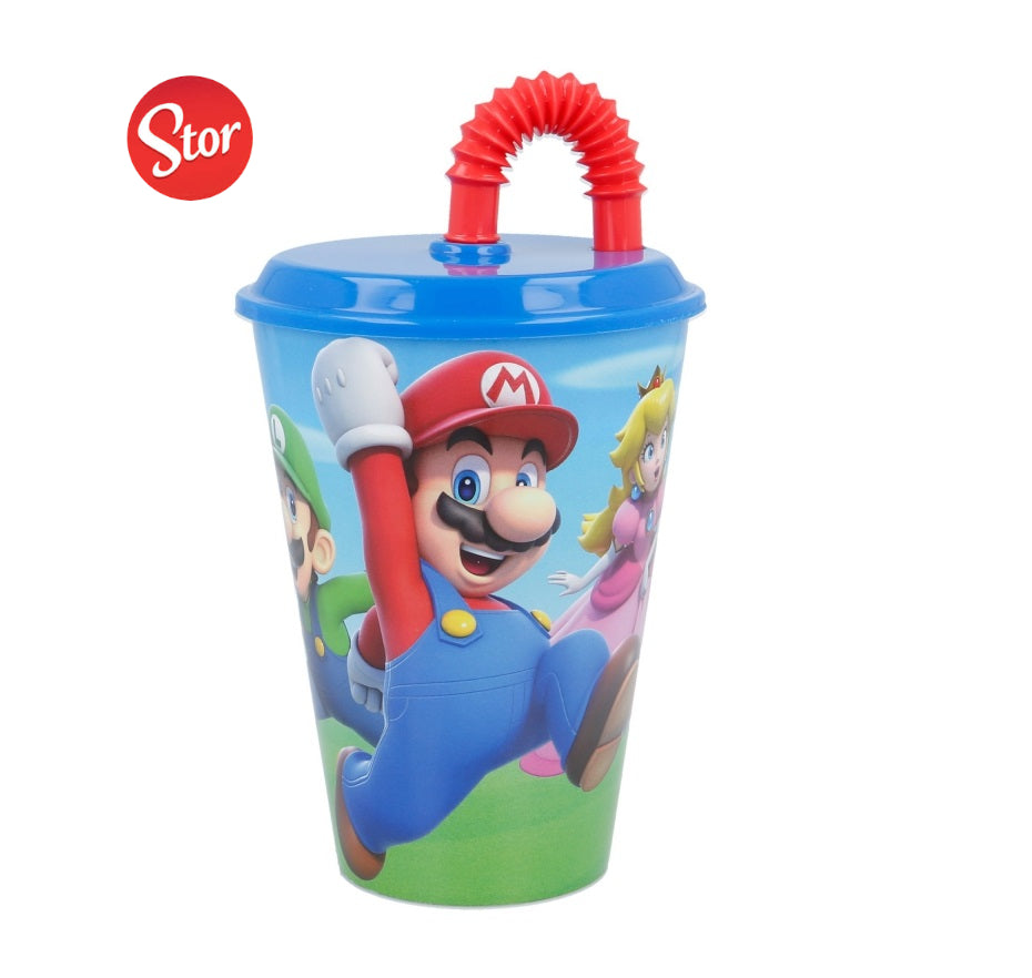 Super Mario Becher 430ml Trinkhalm Strohalm Plastik Kinder Bruchsicher Nintendo