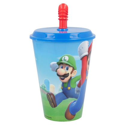 Super Mario Becher 430ml Trinkhalm Strohalm Plastik Kinder Bruchsicher Nintendo