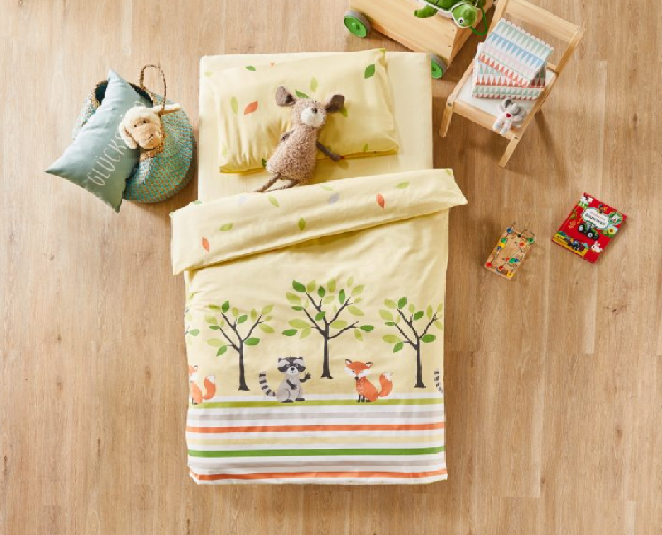 Renforcé Bio Bettwäsche für Kleinkinder 100x135cm Gelb Waschbär Fuchs Novitesse® - LeakBuy