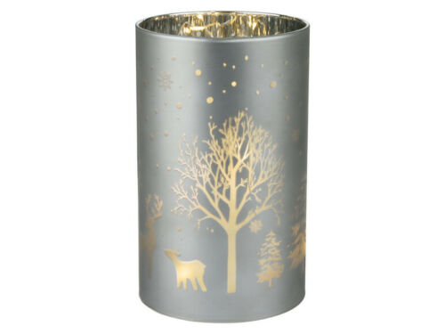 LED Windlicht aus Glas Timer Schneewald Elche Silber Weihnachtsdeko Melinera®