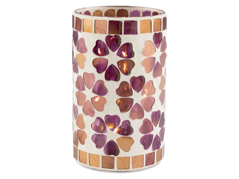 LED Windlicht Tischlicht 15cm Glas Mosaik Blumen Lila Frühling Melinera®