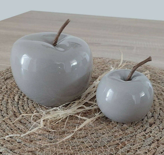 Deko Apfel Set 12cm Keramik Grau Dekofigur glasiert glänzend Obst Tischdeko