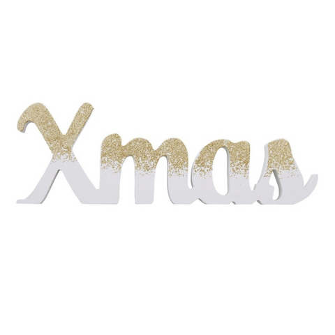 Dekoschild Xmas Schriftzug Holz Weiß mit Gold Glitter Weihnachtsdeko Tischdeko