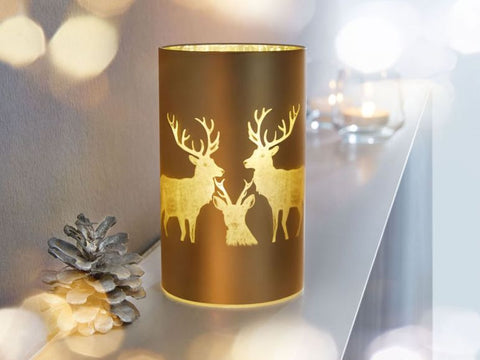 LED Windlicht aus Glas Timer Rentier Elche Gold Weihnachtsdeko Melinera®