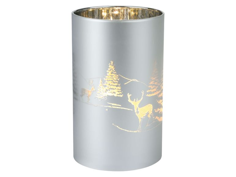 LED Windlicht aus Glas Timer Tannenbaum Elche Silber Weihnachtsdeko Melinera®