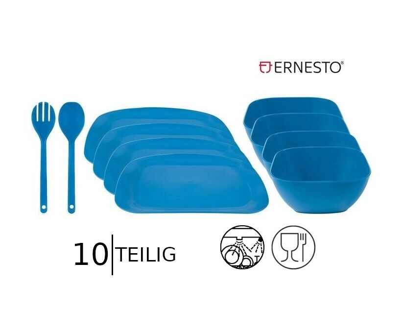 10-teilig Plastik-Essgeschirrset Blau Salatbesteck Teller Schüssel Ernesto®
